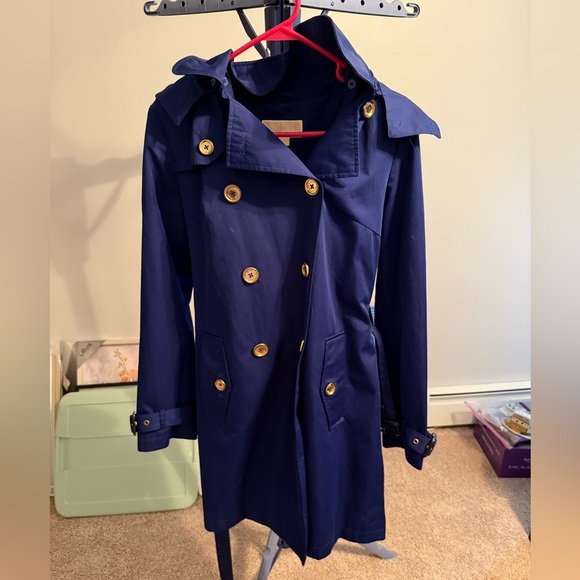 Michael Kors | Navy Blue Belted Button Up Raincoat | Size S - Picture 1 of 10